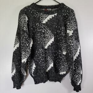 Scandia VTG Sweater Men L Made USA Black White Ski Chalet Preppy Business Casual